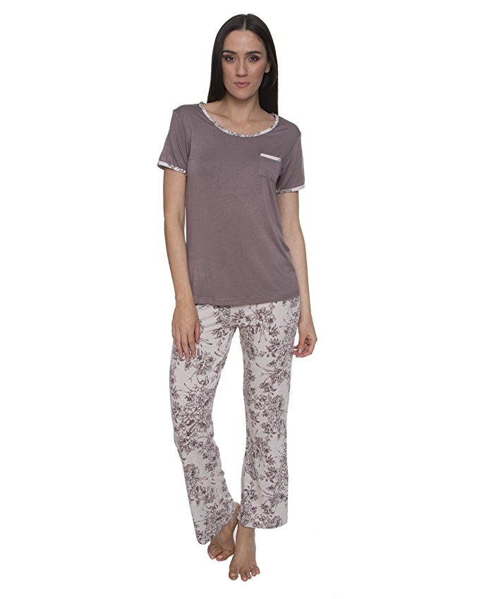 kathy ireland Women's 2 Piece Short Sleeve Sleep Shirt with Long Pants Pajama Set