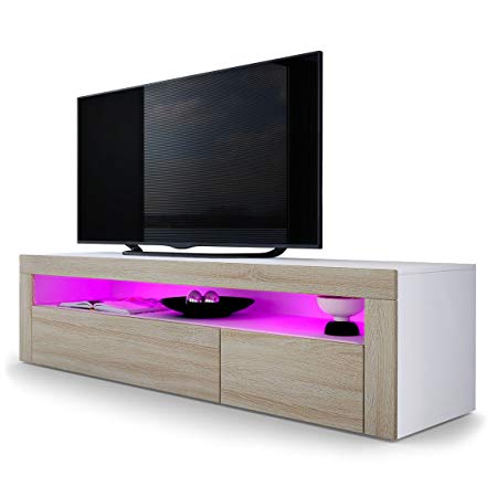 Vladon TV Stand Unit Valencia, Carcass in White matt/Front in Rough-sawn Oak a frame in Rough-sawn Oak