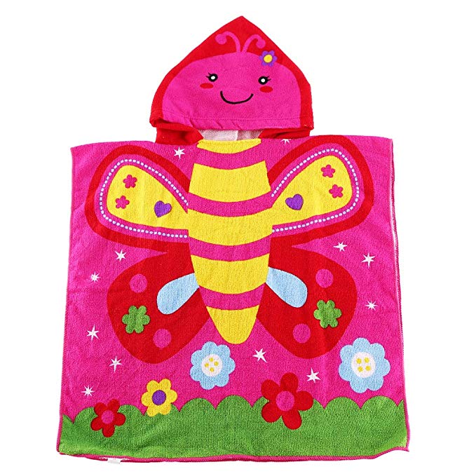 Kids Hooded Beach Bath Towel for Age 2-7 Years - Swim Pool Coverup Poncho Cape Multi-use for Bath/Shower/Pool/Swim 24" x 48" (Butterfly)