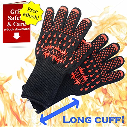 Premiala BBQ Gloves 35cm - EN407-certified 932F Extreme Heat Resistant Kevlar with Cotton Liner - Insulated High Temperature Mitt, Best for Cooking, Barbecue, Baking, Grilling, Charcoal, Smoking with Long Cuff (Large)