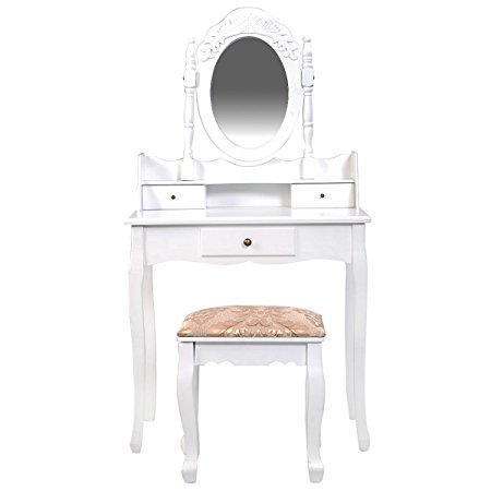 Giantex Vanity Table Jewelry Makeup Desk Bench Dresser w/ Stool 3 Drawer White