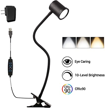 Clamp Desk Lamp, Eye Protection Clip-on Reading Light with 3 Color Modes, 10 Brightness Dimer, 360 ° Flexible Gooseneck Book Light, AC Adapter Included