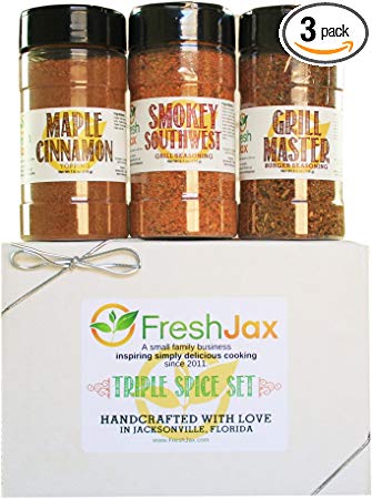 FreshJax Gluten Free Gourmet Handcrafted Spices and Seasonings Grill Master, Smokey Southwest, and Maple Cinnamon (3 Pack Large)