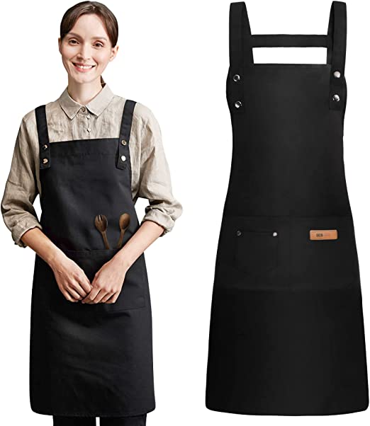 Adjustable Bib Apron - Cooking Kitchen Aprons with 2 Pockets Cotton Straps Chef Apron for Women Men Baking Gardening