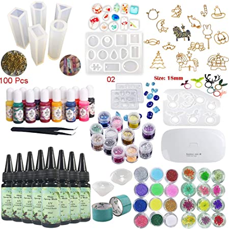 8 Pieces 30ML Crystal Epoxy Resin UV Glue, 1 Lamp Tweezer 36 Decoration 11Pcs Silicone Mould 100 Rings 13 Color Liquid Pigment 17 Metal Jewelry with 2X 5 Meters Tape For DIY Beauty