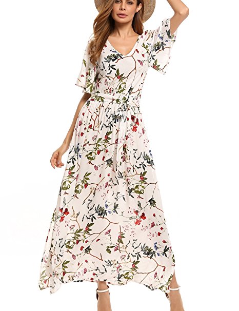 Beyove Women's Bohemian Dress Split Tie-Waist Vintage Print Floral Boho Maxi Dress