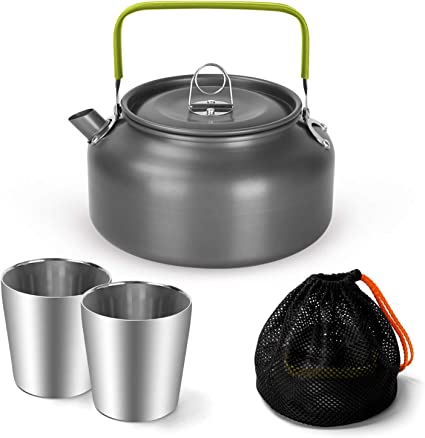 Odoland Camping Kettle Set with Cup, Lightweight Aluminum Camp Tea Coffee Pot with Stainless Steel Cup for Hiking, Backpacking, Camping and Outdoor Picnic, Include Carrying Bag