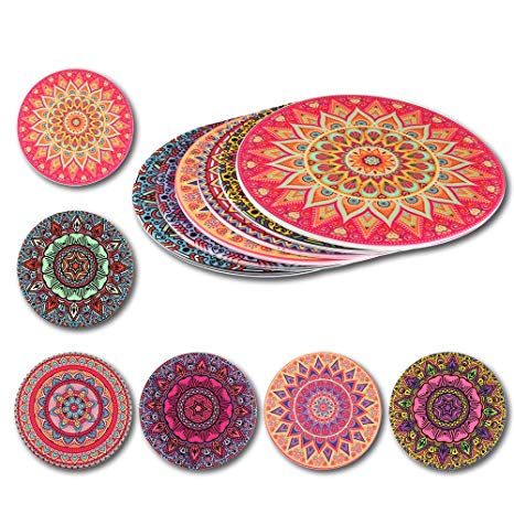 Coasters for Drinks | Silicone Drink Coaster Set of 6 - DATYSON Decorative Mandala Cup Mats No Holder as Home Decor, Large 5 Inch Fit Big Mugs and Beer Glasses, House Warming Gifts for Women Men