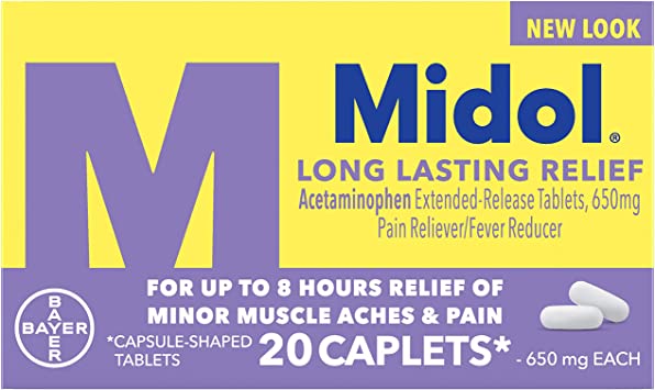 Midol Long Lasting Relief, For Menstrual Period Symptoms, Including Premenstrual Cramps, Pain, and Headache, Caplets, 20 Count (Packaging May Vary)
