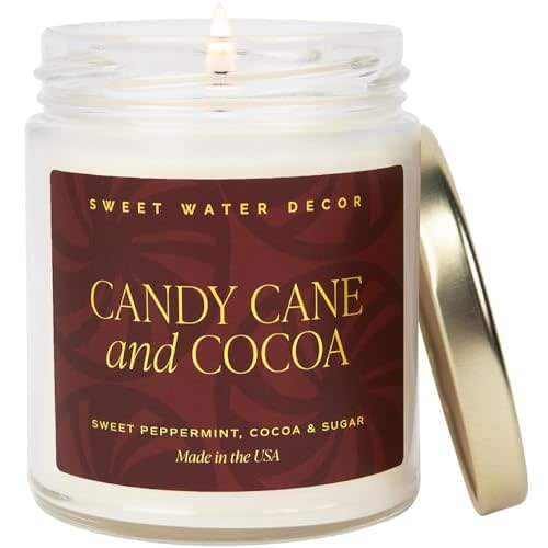 Sweet Water Decor Candy Cane and Cocoa Soy Candle - Hot Chocolate Peppermint Candle for Christmas Decor - Gold Foil Pattern 9oz Clear Jar, 40 Hour Burn Time, Made in the USA