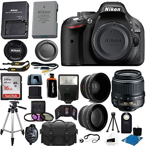 Nikon D5200 24.1 MP CMOS Digital SLR Camera (Black) 18-55mm f/3.5-5.6G VR AF-S DX Zoom Autofocus Lens   2x Professional Lens   HD Wide Angle Lens   16GB Bundle International Version (No Warranty)