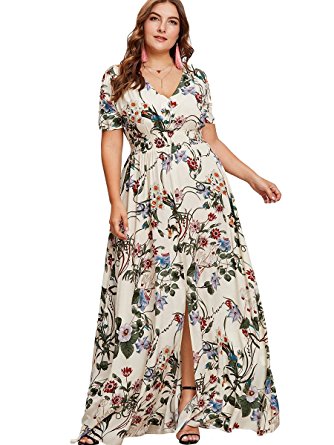 Romwe Women's Plus Size Floral Print Buttons Short Sleeve V Neck Flare Flowy Maxi Dress