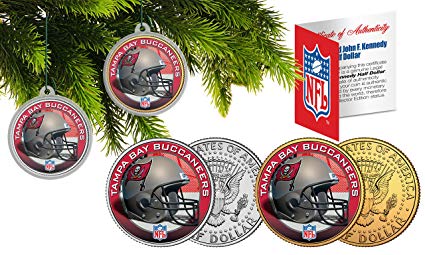 TAMPA BAY BUCANEERS Colorized JFK Half Dollar 2-Coin Set NFL Christmas Ornaments