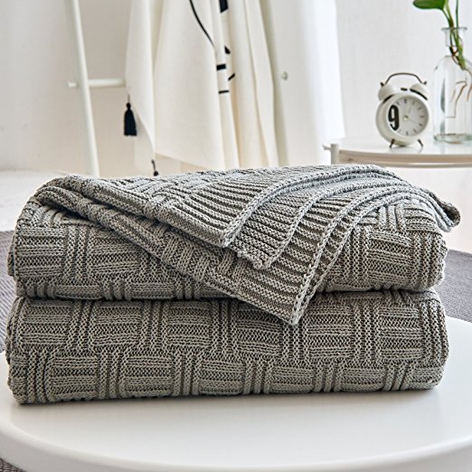 Cotton Cable Gray Knit Throw Blanket for Couch Chairs Bed Beach , Home Decorative Grey Blanket , 50 x 60 Inch Gift a Washing Bag