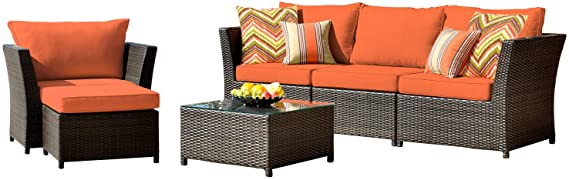 ovios Patio Furniture Set, Backyard Sofa Outdoor Furniture 6 Pcs Sets,PE Rattan Wicker sectional with 2 Pillows and Coffee Table, No Assembly Required (6 Piece, Orange red)