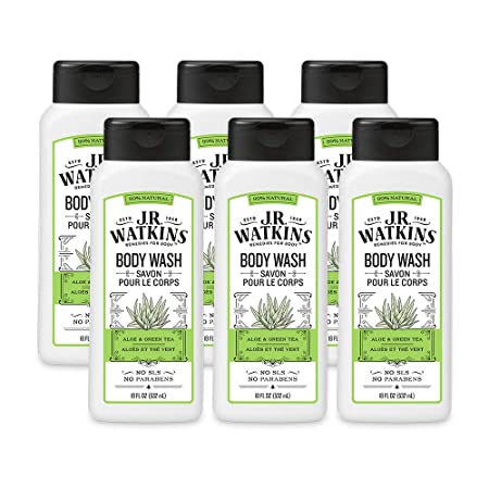 JR Watkins Natural Daily Moisturizing Body Wash, Aloe and Green Tea, 6 Pack, Hydrating Shower Gel for Men and Women, Free of SLS, USA Made and Cruelty Free, 18 fl oz