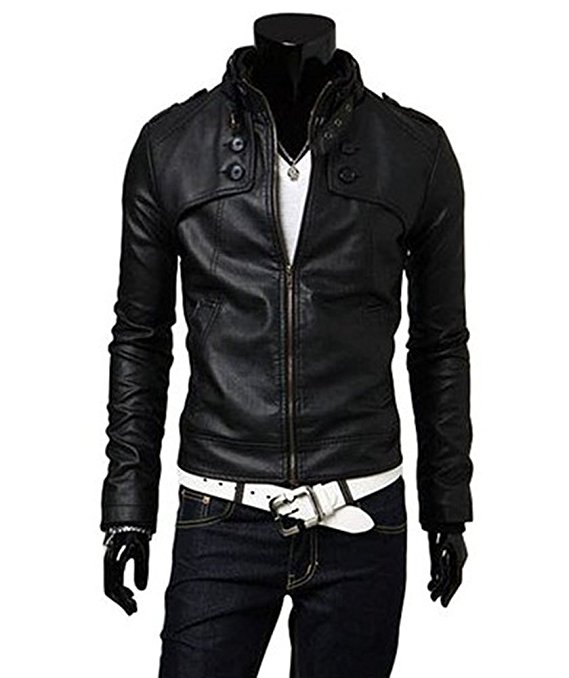 Benibos Men's Slim Fit Stand Up Collar Faux Leather Jacket