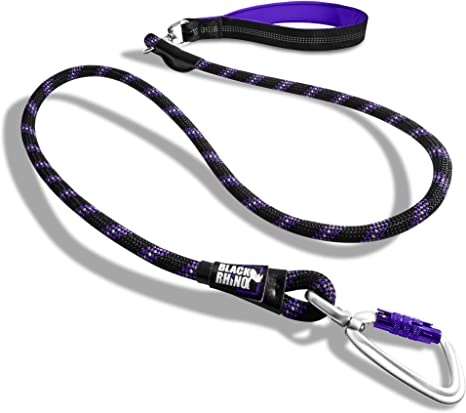 Black Rhino – Heavy Duty Dog Rope Leash with Ultra-Soft Neoprene Padded Handle | Aircraft Aluminum Carabiner | Reflective Weatherproof Dog Leash for Small Medium Large Dogs (5 Feet, Purple/Bl)