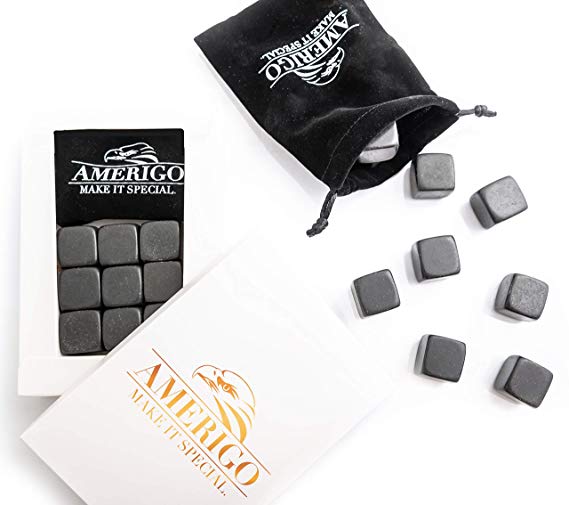 Amerigo Whiskey Stones Gift Set - Water Down Your Whisky? Never Again! Set of 9 Black Marble Whiskey Rocks - Reusable Ice Cubes - Gifts for Men - Fathers Day Gifts - Chilling Stones   FREE EBOOK