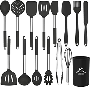 Mibote 15 Pcs Silicone Kitchen Utensils Set, Cooking Utensils Set with Heat Resistant BPA-Free Silicone and Stainless Steel Handle Kitchen Tools Set (Black)