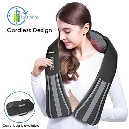TENKER Shiatsu Cordless Neck Back and Shoulder Massager with Heat -Adjustable Intensity, Rechargeable Use to Relieve Muscle Pain, with Portable Handbag