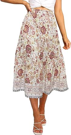 MEROKEETY Women's Boho Leopard Print Skirt Pleated A-Line Swing Midi Skirts