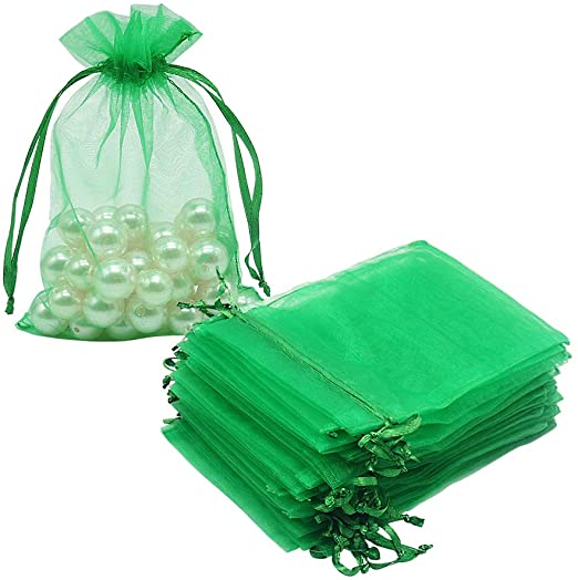 HRX Package 100pcs Organza Drawstring Bags Green, 4 x 6 inch Candy Mesh Gift Bags Jewelry Pouches Small Christmas Sachet