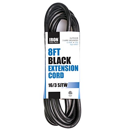 8 Ft Outdoor Extension Cord - 16/3 Heavy Duty Black Cable