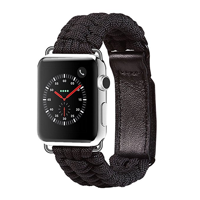 Apple Watch Band 42mm Replacement iWatch Band with Leather Hasp Paracord Survival Bracelet iWatch Strap Replacement Strap for Apple iWatch Series 1 2 3 Black