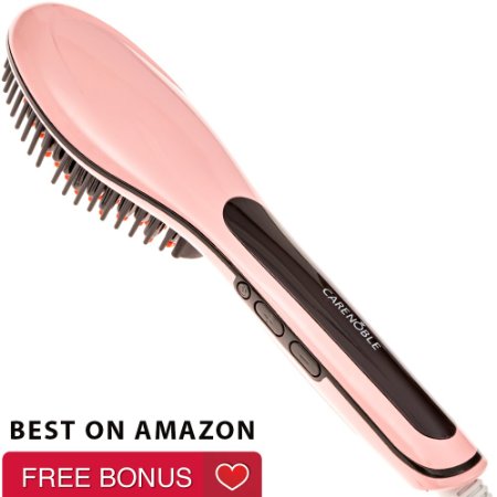 Carenoble Professional Hair Straightening Brush - Electric Iron Comb Simply Straight Hairstyling - Best Ceramic Straightener w/ LCD, Detangling Curls, Instant Magic Results, Amazing Free Bonus (Pink)