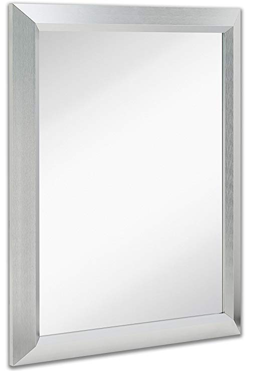 Premium Rectangular Brushed Aluminum Wall Mirror | Contemporary Metal Frame Silver Backed Mirrored Glass | Vanity, Bedroom or Bathroom | Rectangle Hangs Horizontal or Vertical (24" x 30")