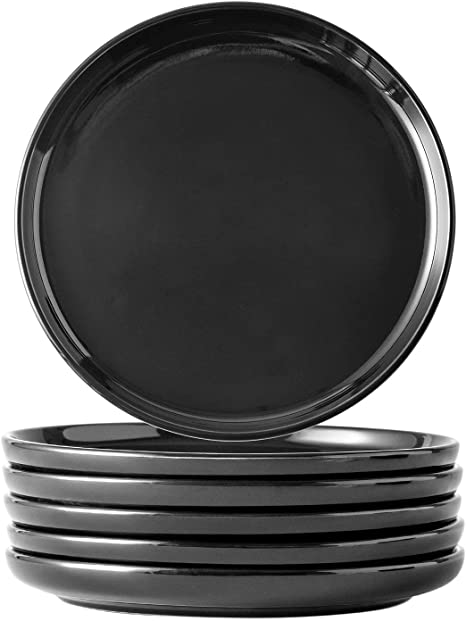 AmorArc Ceramic Salad Plate Set Of 6, 8 Inch Modern Design Desert Dish Kitchen Serving Dishes for Dinner,Microwave, Oven, and Dishwasher Safe, Scratch Resistant, Modern Dinnerware,-BLACK