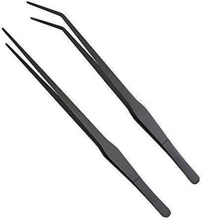 ONST 15 inch Long Tweezers Set Feeding Tongs Aquarium Stainless Steel Straight Curved Tweezer for Fish Tank Aquatic Plants (Black carbonation Protection Coating)