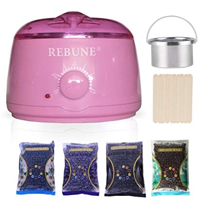 REBUNE Wax Warmer Rapid Melt Hair Removal Waxing Kit with 4 Different Flavors Hard Wax Beans and Wax Applicator Sticks 3.5 oz A Bag of Wax Beans（Chamomile, Lavender,Nature,Chocolate