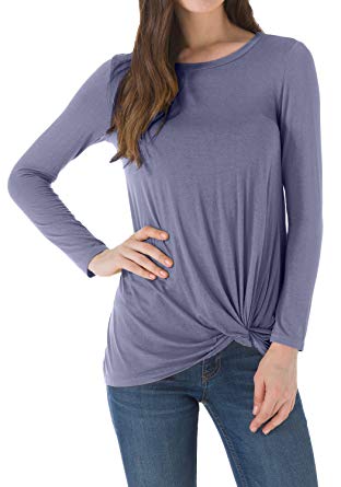 levaca Women's Long Sleeve O Neck Twist Knot Front Loose Casual Tee Shirts