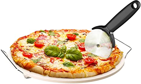 Chef's Star 15" Ceramic Pizza Stone and Pizza Cutter with Chrome Plated Serving Rack