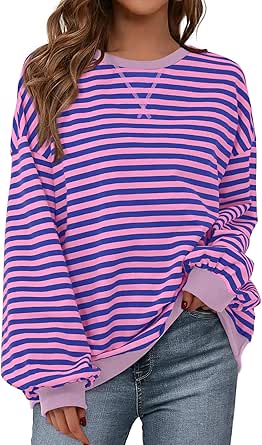 BTFBM Women's Striped Sweatshirts 2024 Fall Clothes Long Sleeve Soft Crew Neck Y2K Loose Casual Pullover Tops