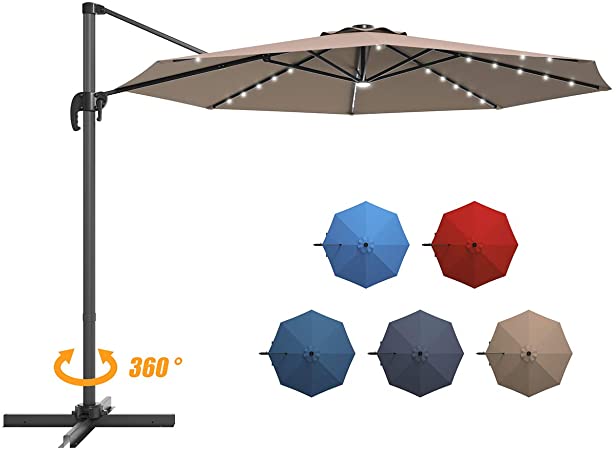 Giantex 10Ft Offset Umbrella 360-Degree Cantilever Patio Umbrella w/Solar Lights, Cross Base& Crank Lift, Easy Tilt, Aluminum Hanging Market Umbrella for Outdoor w/Cover(Tan)