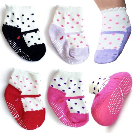 BS® 4 Pairs 6-18 Months Length 3.2-4.2 inches Newborn Baby Girl Toddler Anti Slip Skid Mary Jane Socks   Gift bag   Thank you Card, Dots No-Show Crew Boat Socks Footsocks sneakers