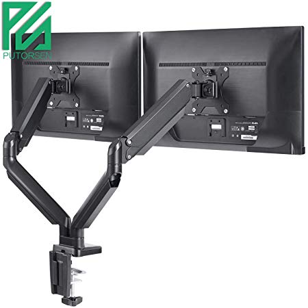 PUTORSEN® PC Dual Monitor Arm - Aluminum Ergonomic Height-Assisted Full Motion Heavy Duty Double Arm Desktop Clamp Mount for 17–32” Screens Adjustable Tilt Swivel VESA 75 to 100mm Weight up to 8kg