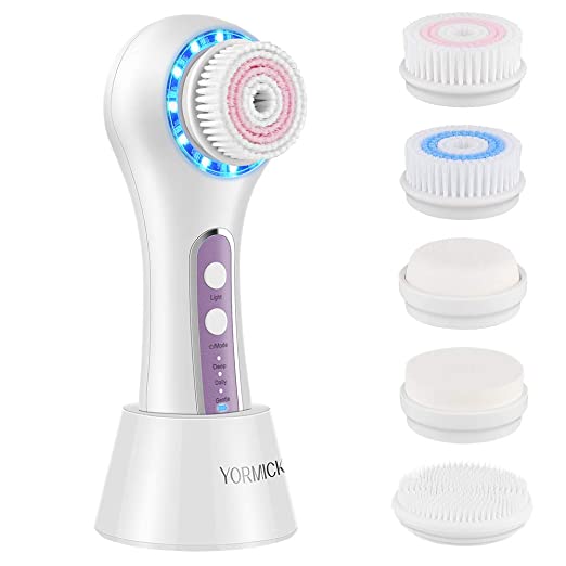 YORMICK Electric Facial Cleansing Brush,Rechargeable IPX7 Waterproof with 3 Modes, 5 Brush Heads for Exfoliating, Massaging and Makeup Blending
