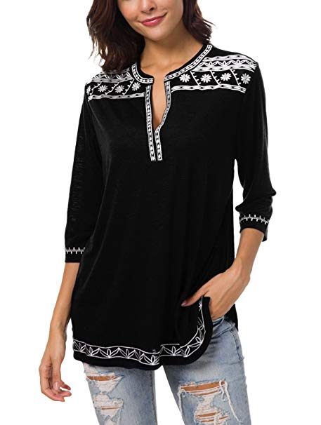 Women's 3/4 Sleeve Boho Shirts Embroidered Peasant Top