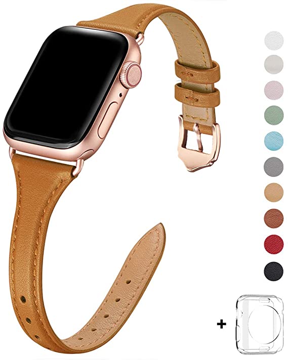 WFEAGL Leather Bands Compatible with Apple Watch 38mm 40mm 42mm 44mm, Top Grain Leather Band Slim & Thin Wristband for iWatch Series 5 & 4/3/2/1 (Light Brown Band Rosegold Adapter, 38mm 40mm)