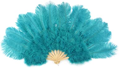 Large Ostrich Feather Hand Fan - Blue Flapper Folding Fan Dance Wedding Accessory