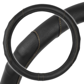 GripDrive Pro Synthetic Leather Steering Wheel Cover Black w/ Beige Accent Stitching - Comfort Grip - Small 13.5"-14.5"