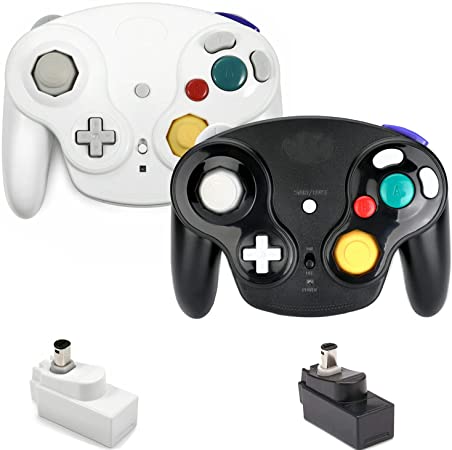 VTone Wireless Gamecube Controller, 2 Pieces 2.4G Wireless Classic Gamepad with Receiver Adapter for Wii Gamecube NGC GC (Black and White)