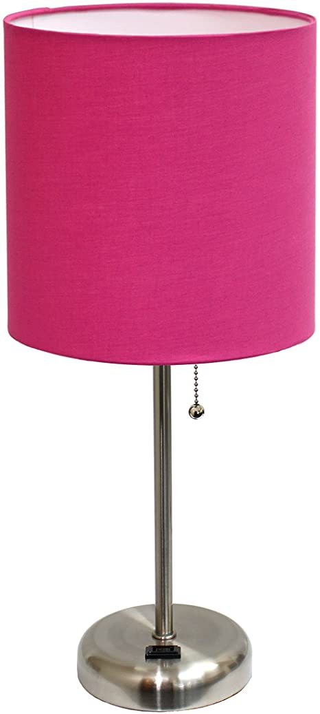 Stick Charging Outlet Table Lamp, Brushed Steel Base/Pink Shade