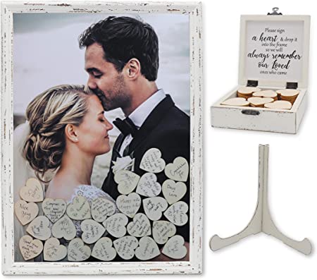 PMPX Wedding Guest Book Alternative Vintage Drop Top Frame with Stand, 80 Wood Hearts, Matching Box with Message Inside The Lid. Weddings, Bridal or Baby Shower, Anniversary, or Special Event.