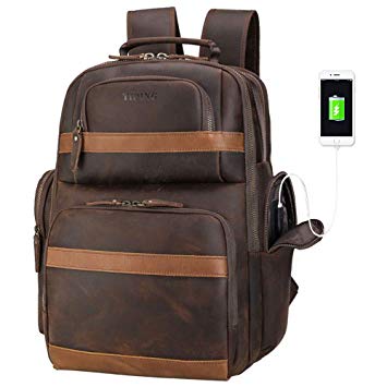 Tiding Leather Backpack 15.6 inch Laptop Backpack Vintage Business Travel Bag Large Capacity School Daypacks with USB Charging Port & YKK Zippers