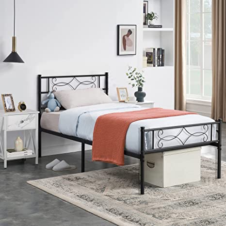 VECELO 14" Metal Platform Bed Frame with Headboard,Premium Steel Slat Support No Box Spring Needed,Noise-Free Anti-Slip,Easy Assembly(Twin Size)